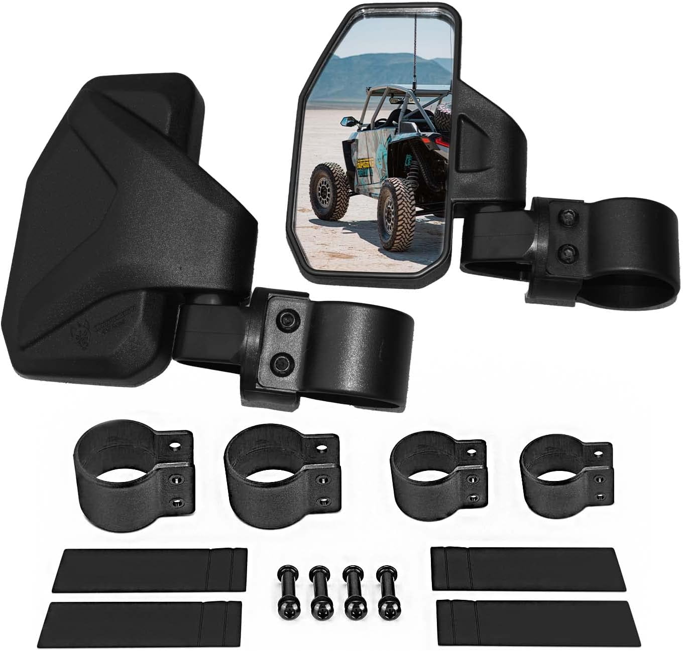 UTV Side Mirror Kit (2 Pack) Fits 1.6"- 2" Round Roll Cage Bar, Side UTV Mirrors w/Break Away & Adjustable Design - High Impact Shatter Proof Tempered Glass (Driver/Passenger Side)