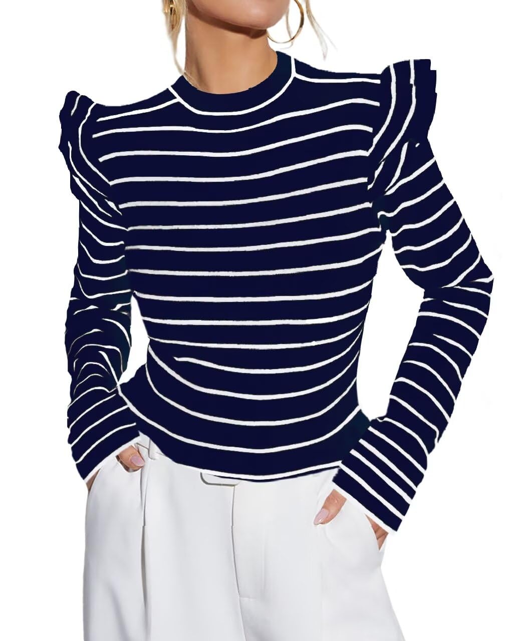 Ezbelle Women's Long Sleeve Ruffle Shirts Striped Rib Knit Blouse Slim Casual Office Trendy Fall Spring Tops 2025