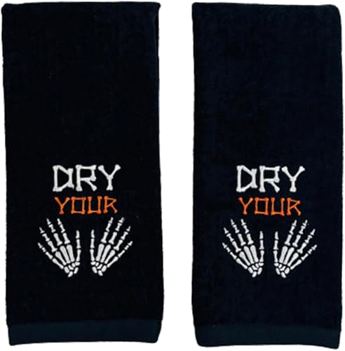 Juego de 2 toallas de baño de mano de Halloween, diseño de esqueleto bordado de algodón negro "Dry Your Hands" - 16 x 25 pulgadas, decoración