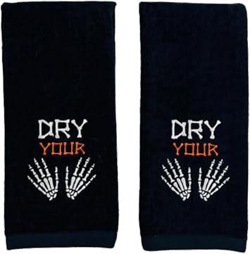 Halloween Hand Bathroom Towels Set of 2 - Black Cotton Embroidered Skeleton Dry Your Hands - 16 x 25 Perfect Fall Bath Home Decor