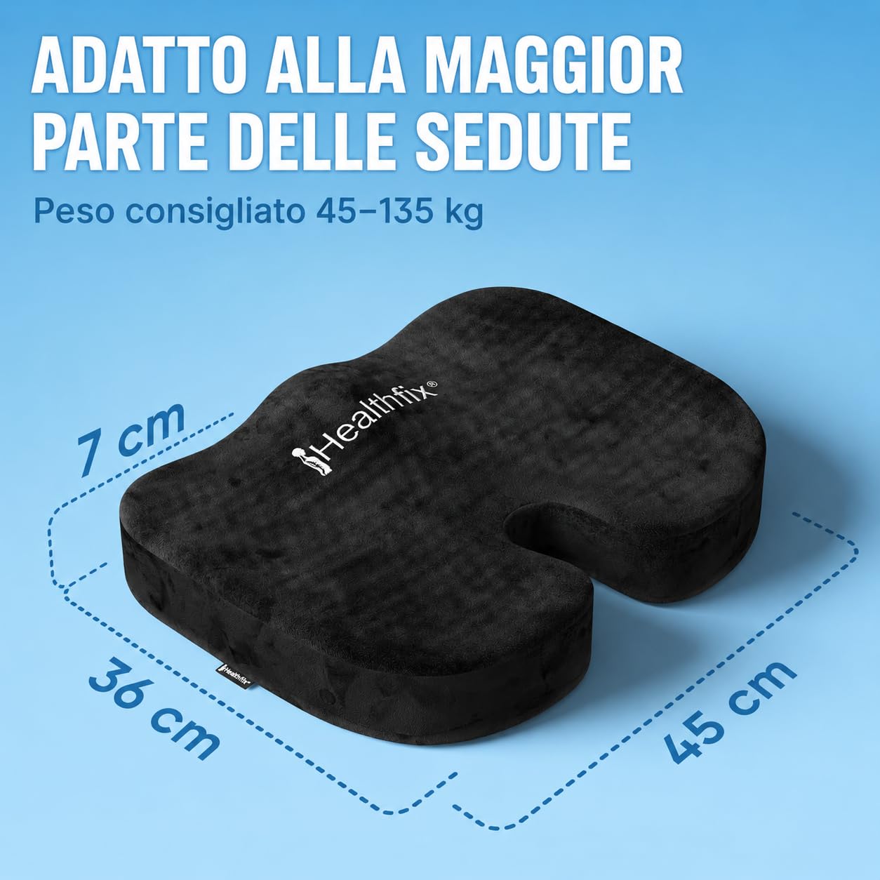 Healthfix Cuscino ortopedico per sedia da ufficio, scarico del coccige, con strato Honeycomb e rivestimento in velluto, ergonomico, per ufficio, auto, casa, 45 x 36 x 7 cm (nero)