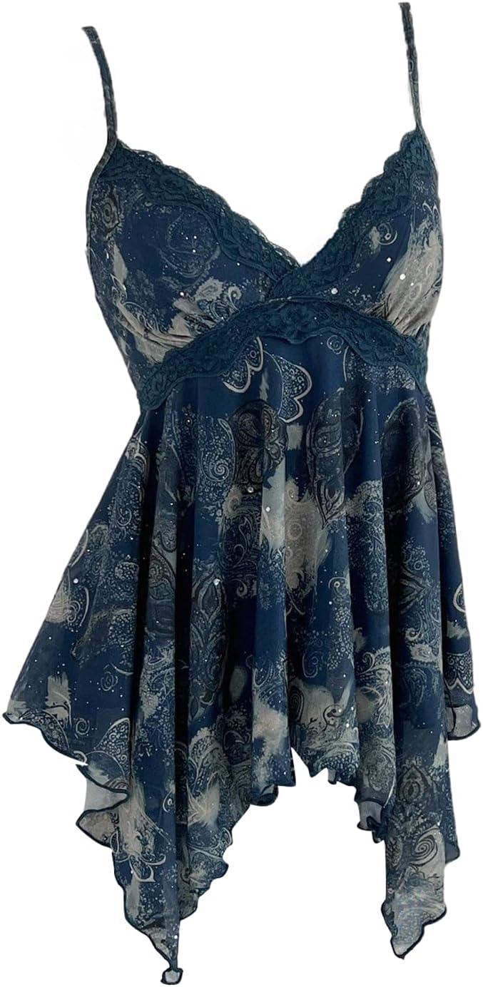 Verdusa Women's Babydoll Tops Y2K Lace Sequin Going Out Top V Neck Camisole Ruffle Peplum Shirts