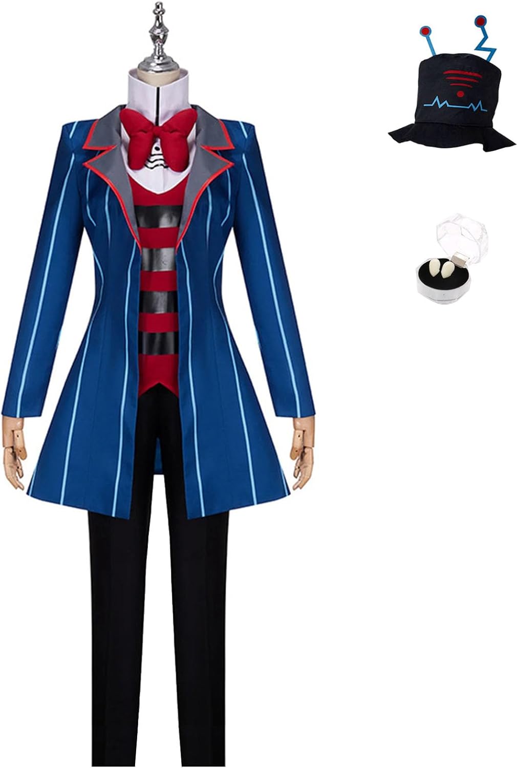 SHIKI Unisex Men Anime Hotel Vox Cosplay Costume Blue Striped Suit Uniform Jacket Coat Pants Hat Gloves Halloween Outfit
