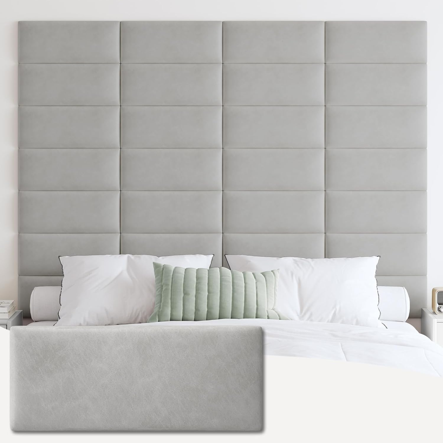 IFNOW Wall Mounted Upholstered Headboard Queen, 3D Peel and Stick Soundproof Panels, Reusable and Removable Padded Leather Bed Headboard, 9 Panels 9.84" x 23.62", Light Grey Leather-light Grey Queen