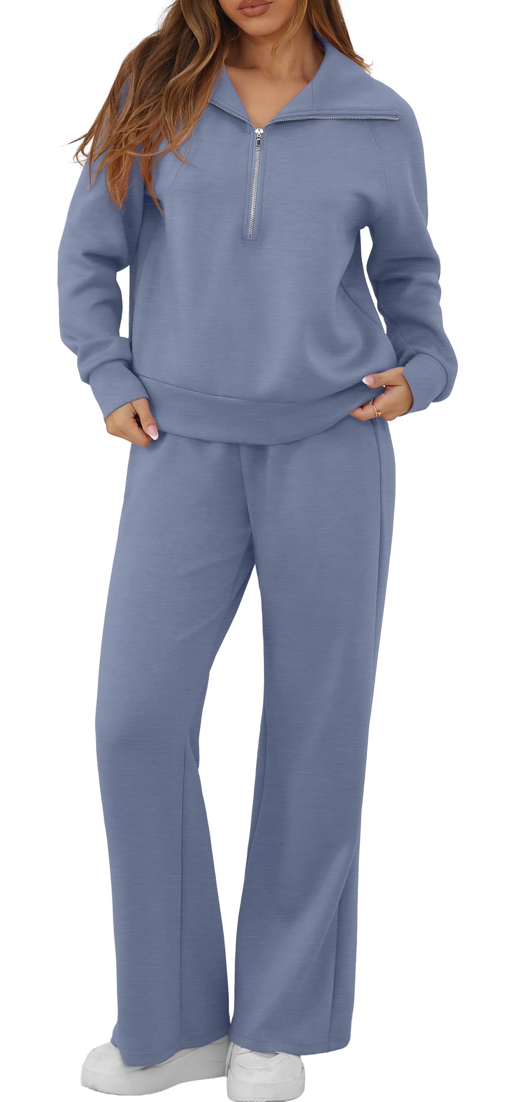 GRECERELLE Lounge Sets For Women 2025 Casual Lapel Half Zip Sweatshirt And Wide Leg Sweatpant 2 Piece Outfits