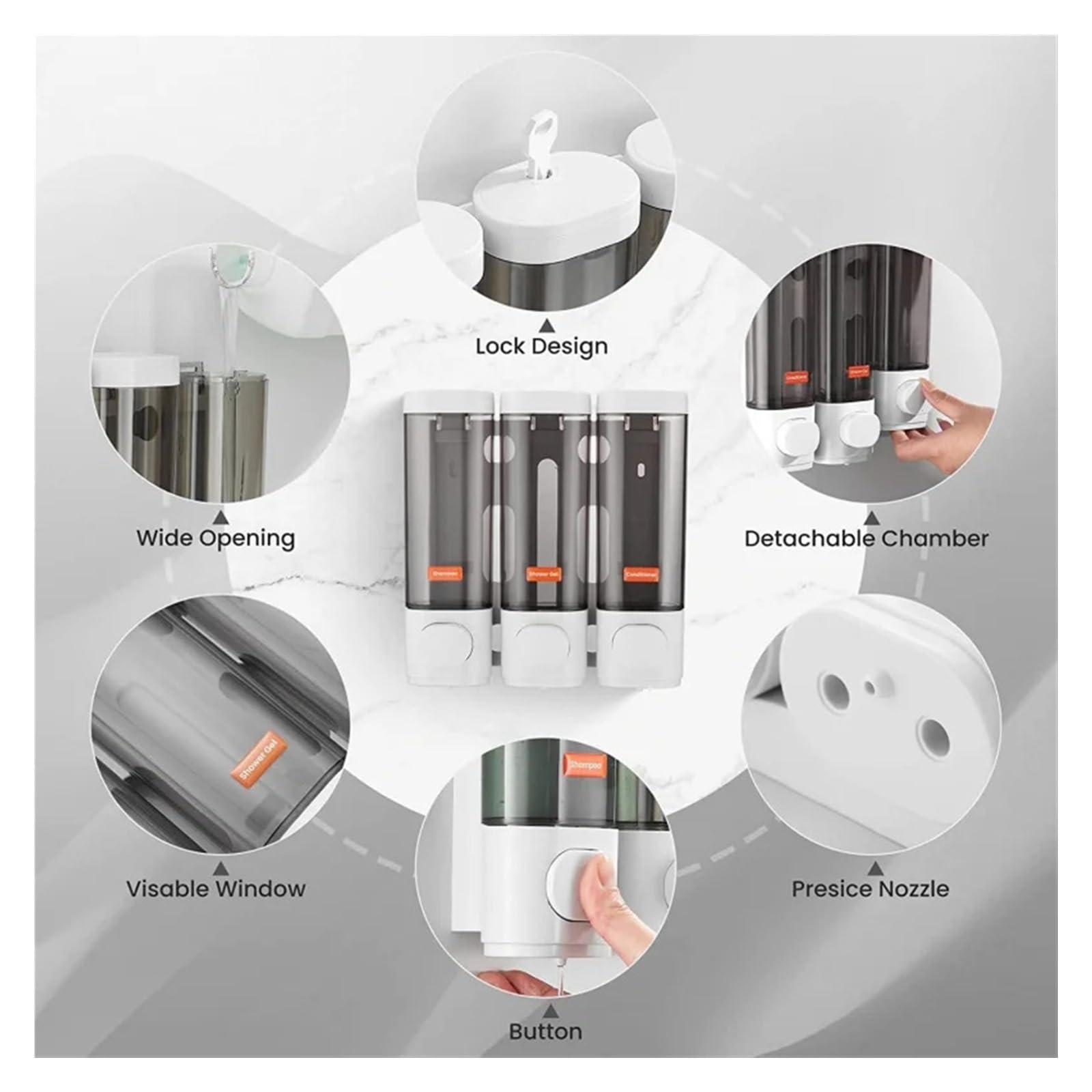Dispensador de jabón de pared para baño, 300 ml, dispensador de champú de ducha de triple cabezal, instalación sin taladro, accesorios de baño plateados