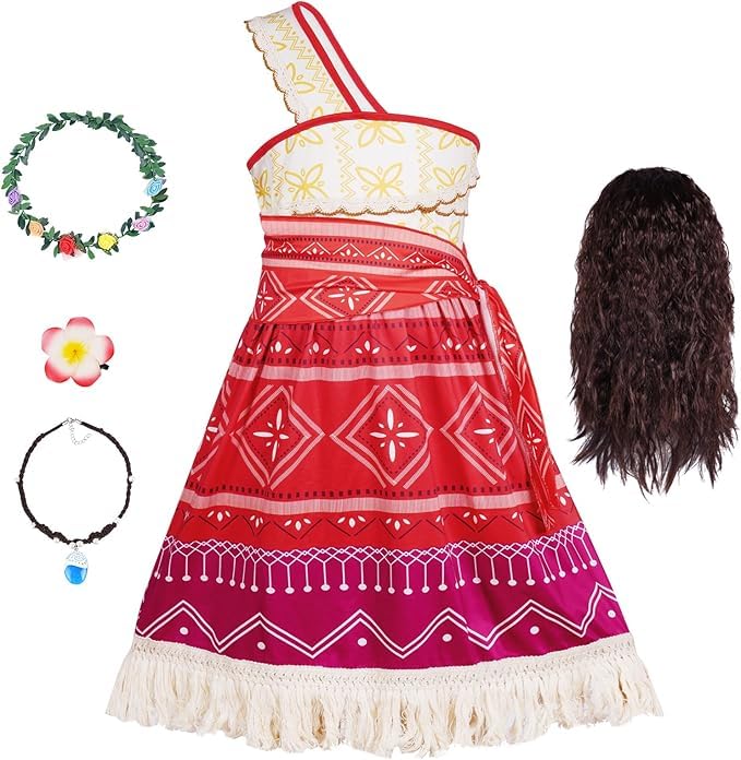 DiULi Costume Déguisement Fille Enfant Complet Robe avec Collier Couronne Barrette et Perruque pour Fille 4-10 Ans - Princesse Enfant Complet Robe pour Anniversaire Fete Carnaval - 130CM