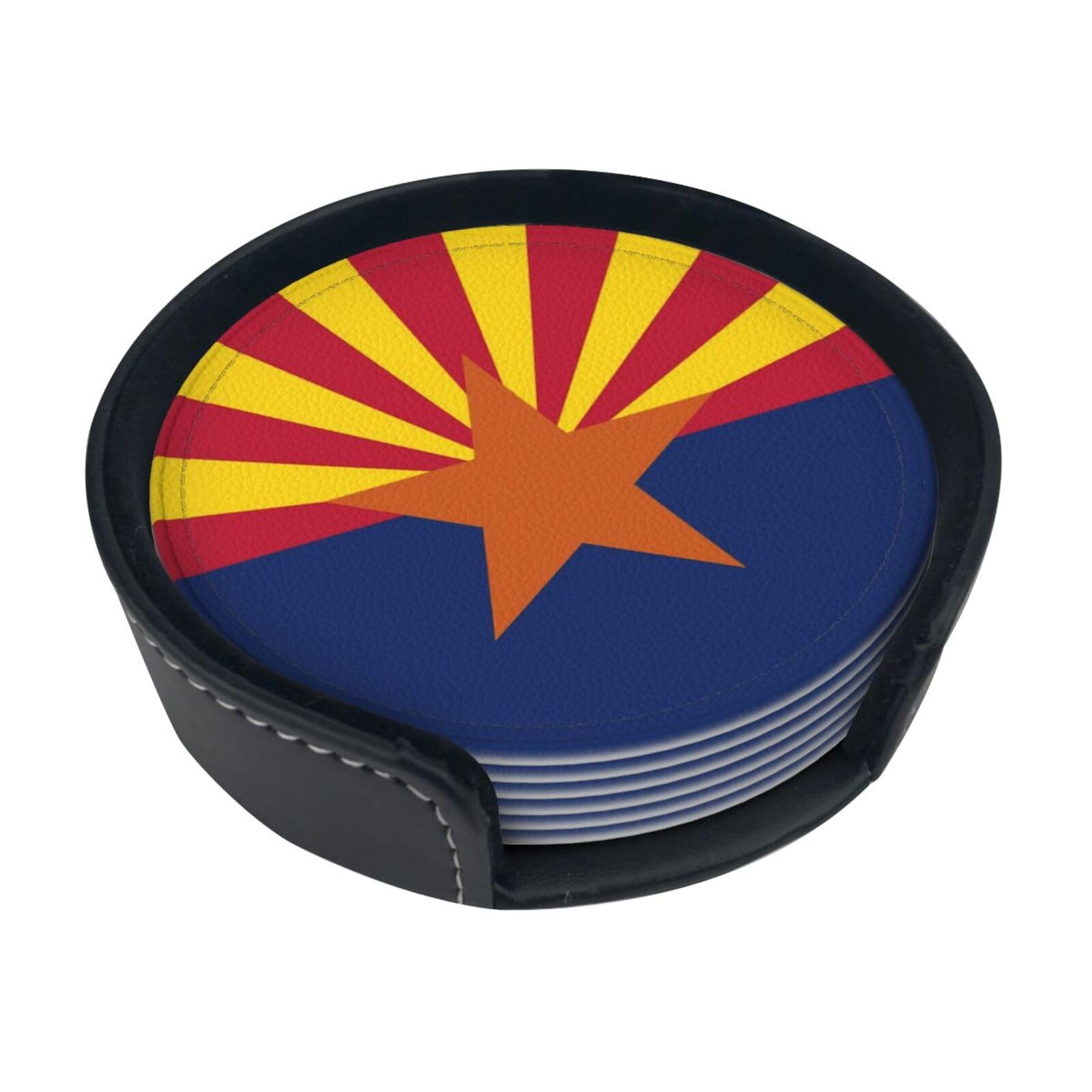 Arizona State Flag Leather Coasters-Set of 6 with Storage Holder