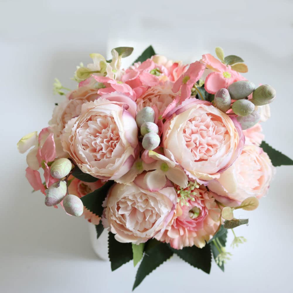 30cm Rose Pink Silk Peony Artificial Flowers Bouquet 5 Big Head and 4 Bud Fake Flowers for Home Wedding Decoration Indoor,C Light Pink