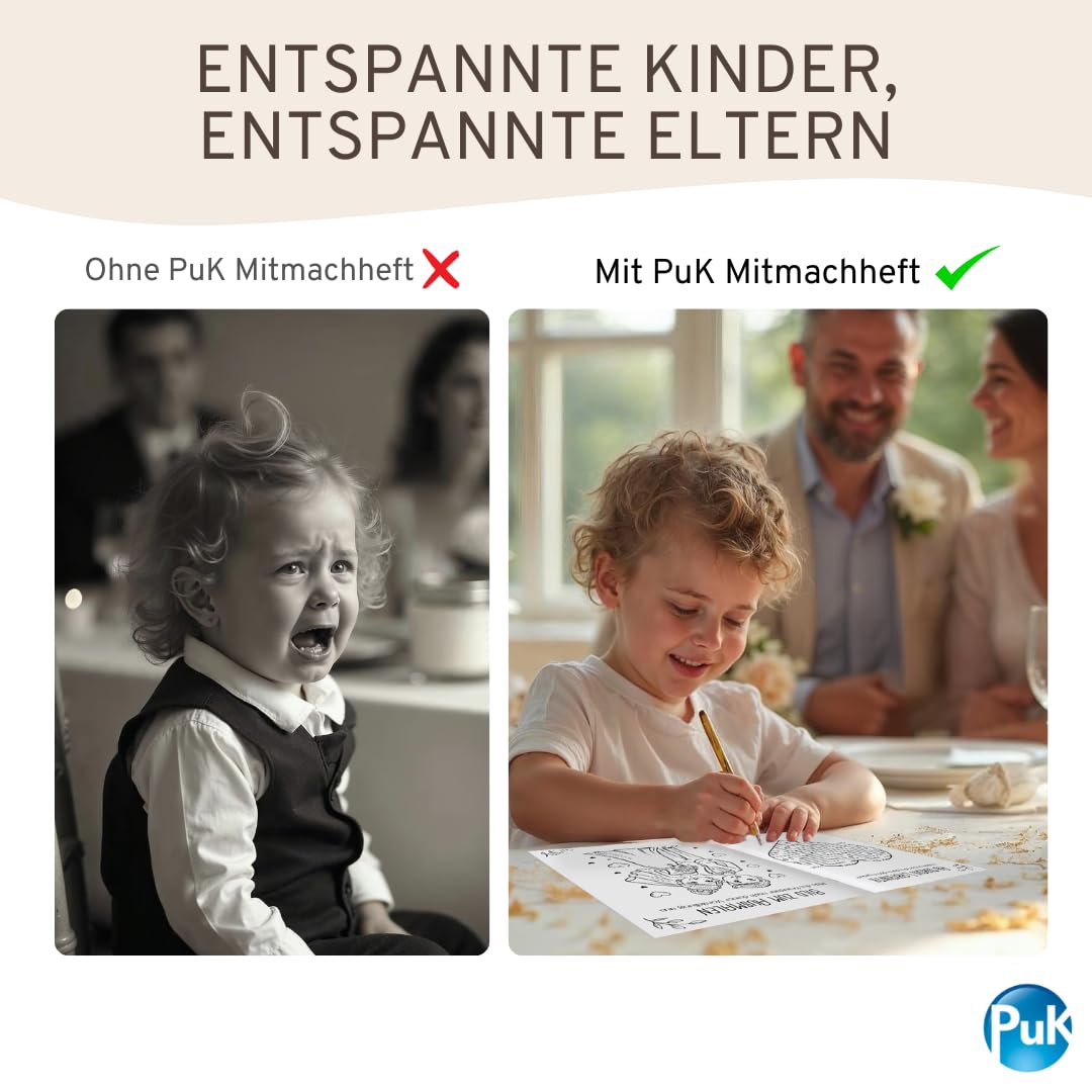 PuK Hochzeits-Mitmachspaß | Kinder-Beschäftigung Hochzeit Set | Malbuch & Rätselbuch für kleine Gäste | 6 oder 12 Hefte | Optional mit Buntstiften | Gastgeschenk Hochzeit Kinder (12, ohne Buntstifte)