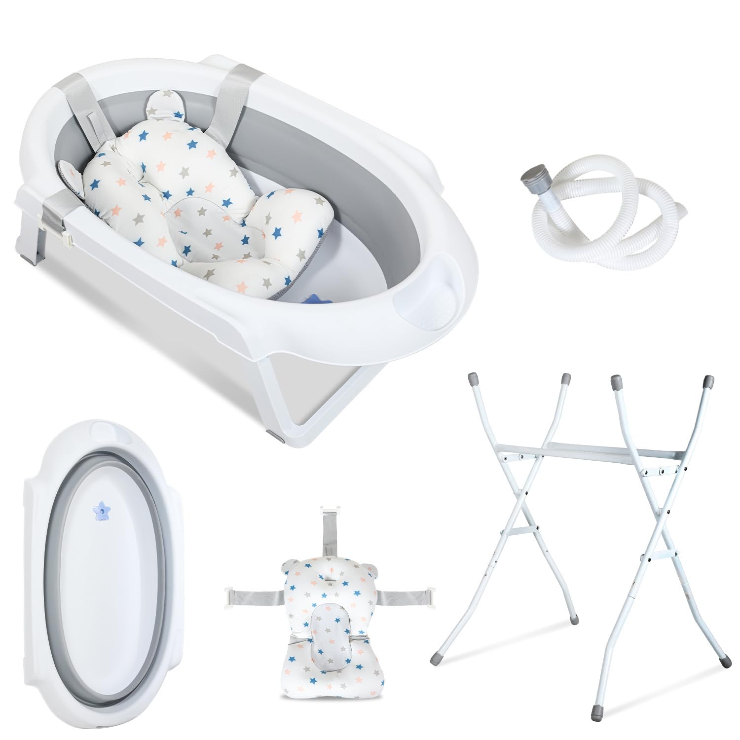 Bañera plegable para bebés con soporte, cojín de baño, manguera de drenaje e indicador de temperatura, ahorra espacio, estable para recién nacidos de 0 a 3 meses