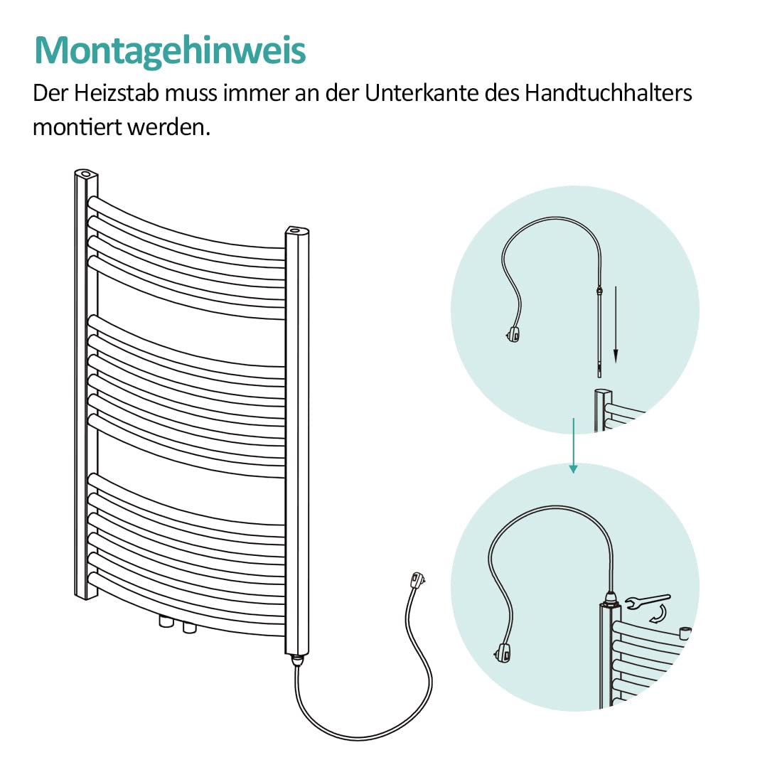 EMKE Heizstab für Badheizkörper 600W, Heizstab aus Edelstahl für Heizkörper Handtuchheizkörper Handtuchwärmer Elektrisch, Heizelement mit Stecker und Schalter Weiß