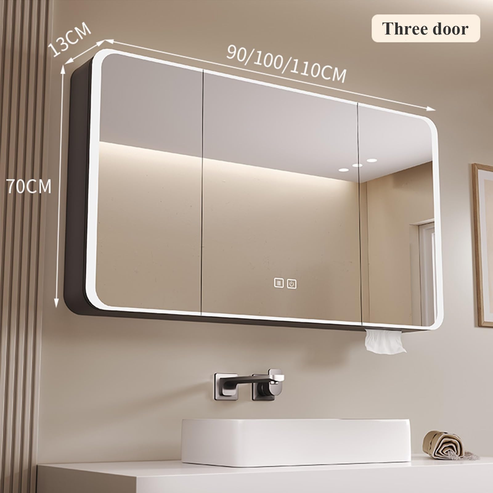 Armadietto per medicinali illuminato con specchio e antiappannamento, 90 cm, grigio, con specchio illuminato a LED, elegante e funzionale per la casa