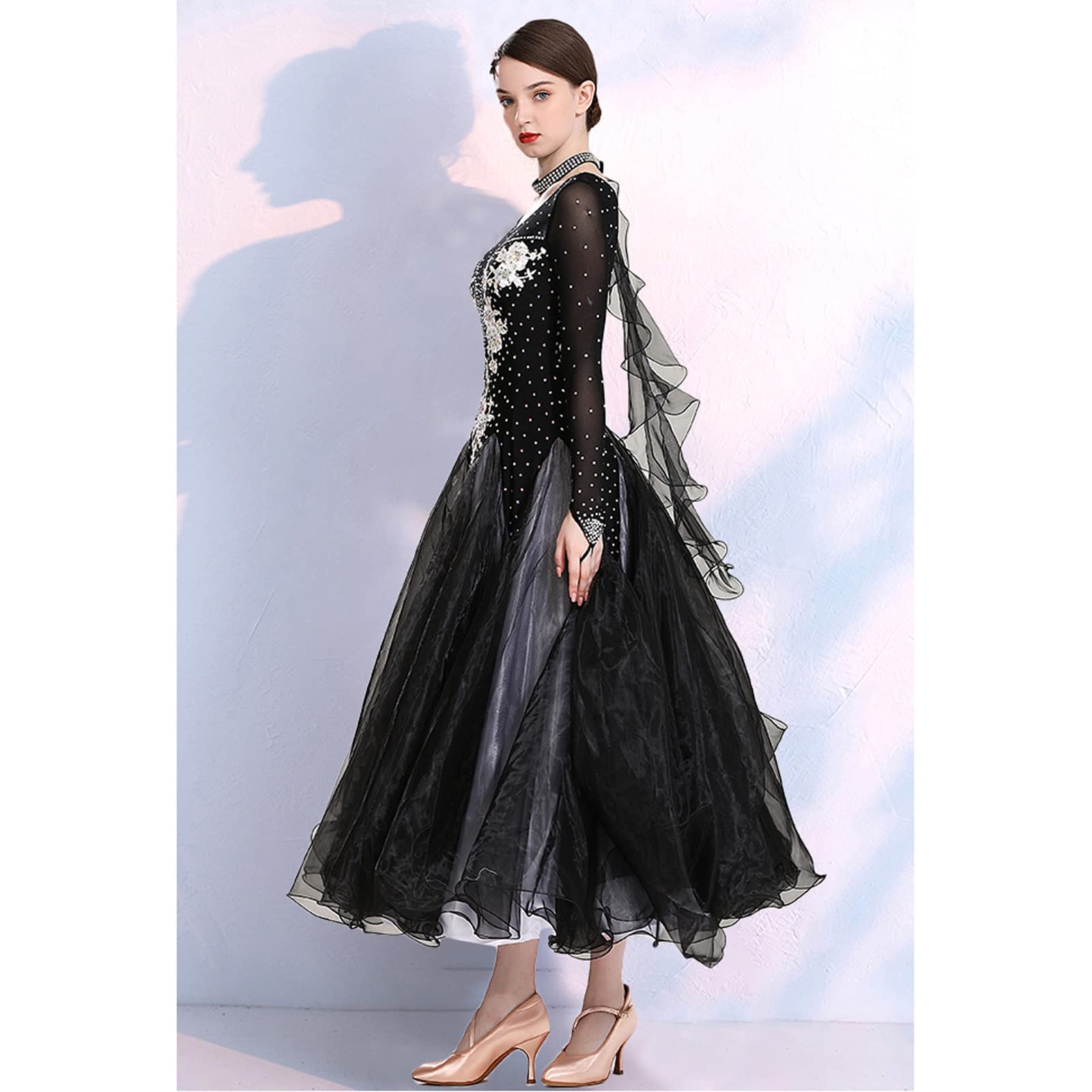 Abiti da Ballo da Sala A Maniche Lunghe Abbigliamento da Competizione National Standard Salsa Valzer Scollo Rotondo Costumi da Spettacolo Moderno Flamenco Strass Luccicanti,A,S
