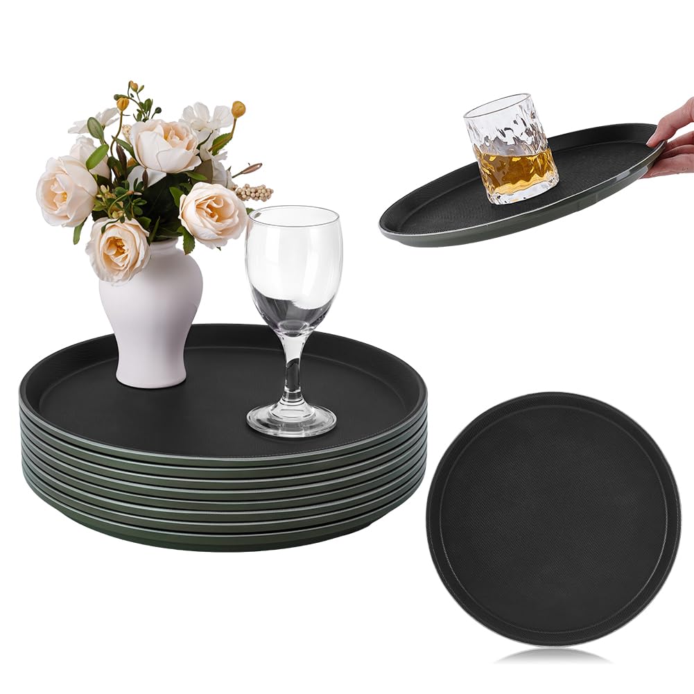 NBEADS 8 Piezas Bandeja Redonda para Servir, 28 cm Superficie Antideslizante Redonda, Bandeja De Plástico Negra Para Servir Para Alimentos, Moderno Estilo De Granja Decoración Residencial, Negro