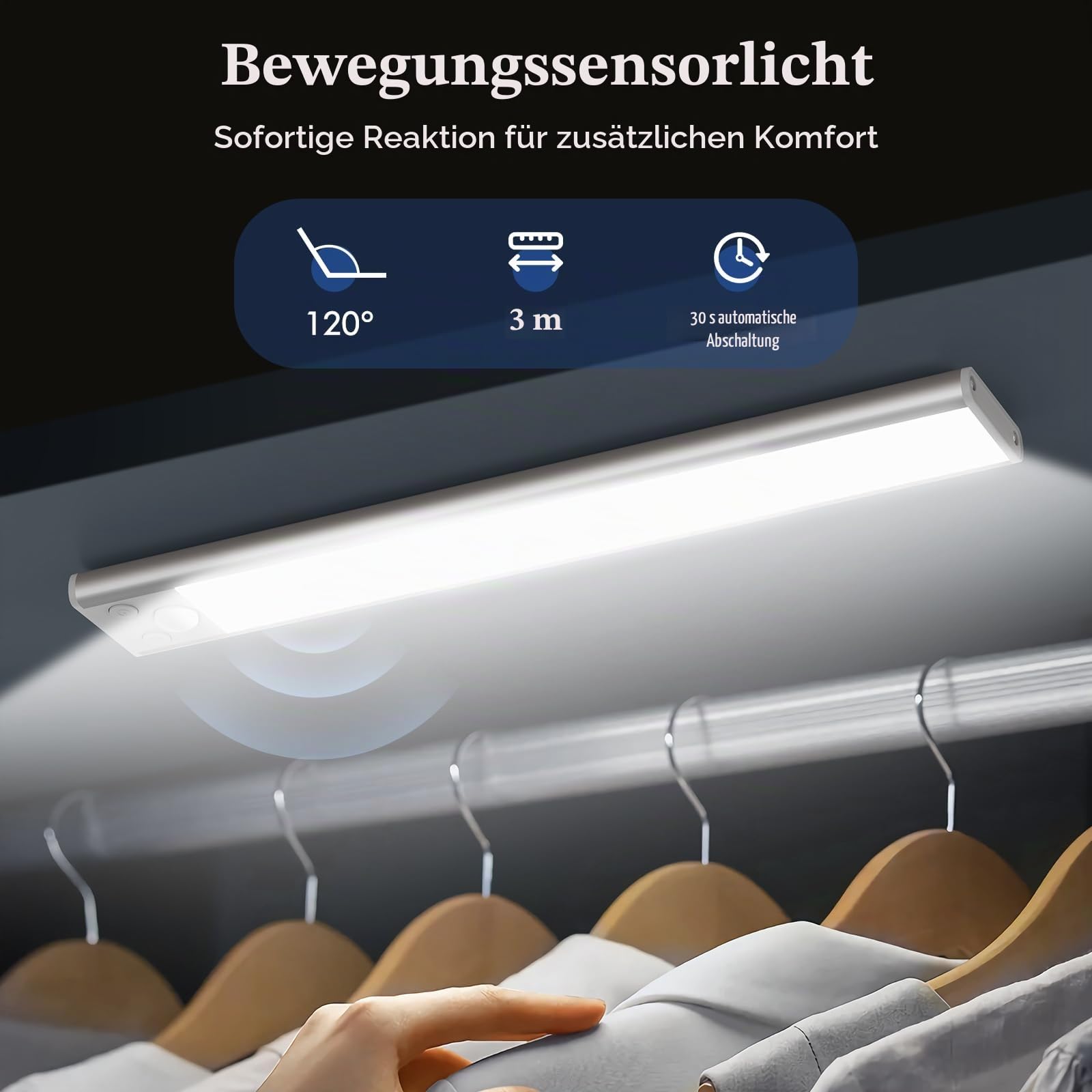 Demkia Schrankbeleuchtung Unterbauleuchte Küche LED mit Bewegungsmelder, 35cm Aufladbar Akku Lampe 3 Farbtemperaturen Kabellos Leiste Magnetische Licht Leuchte USB Kleiderschrank für Kleiderschrank