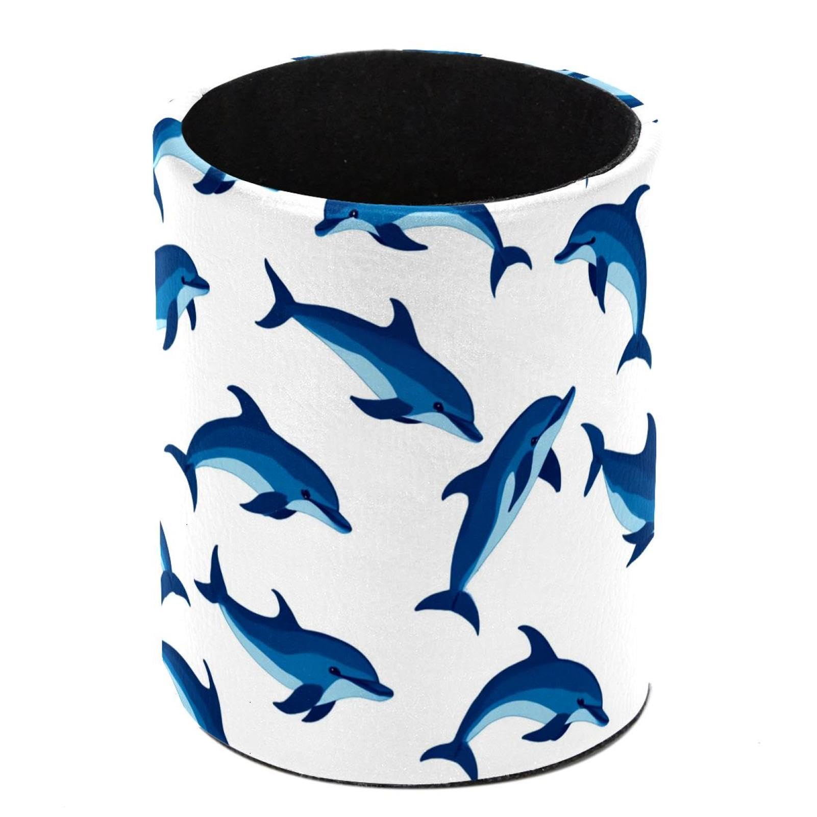 HEOEH Dolphins Pattern Pen Holder for Desk, PU Leather Pencil Holder Pen Cup Marker Holder Makeup Brush Holders, Desk Accessories & Workspace Organizers for Home, Office