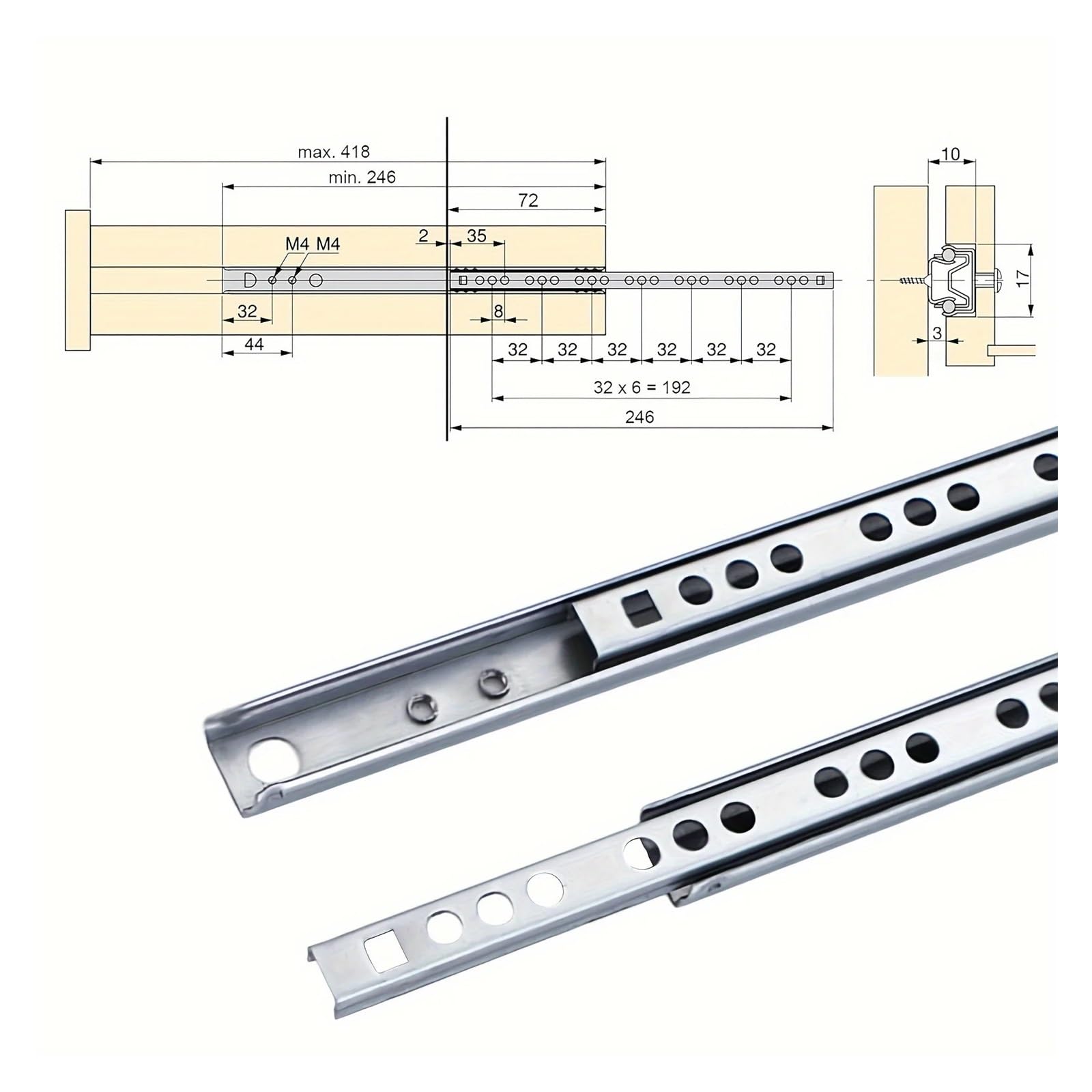 Guide per cassetti con cuscinetti a sfera montati Hardware Binari Mobili Con Montaggio Laterale Su Guide For Cassetti In Metallo A Due Sezioni Da 2 Pezzi