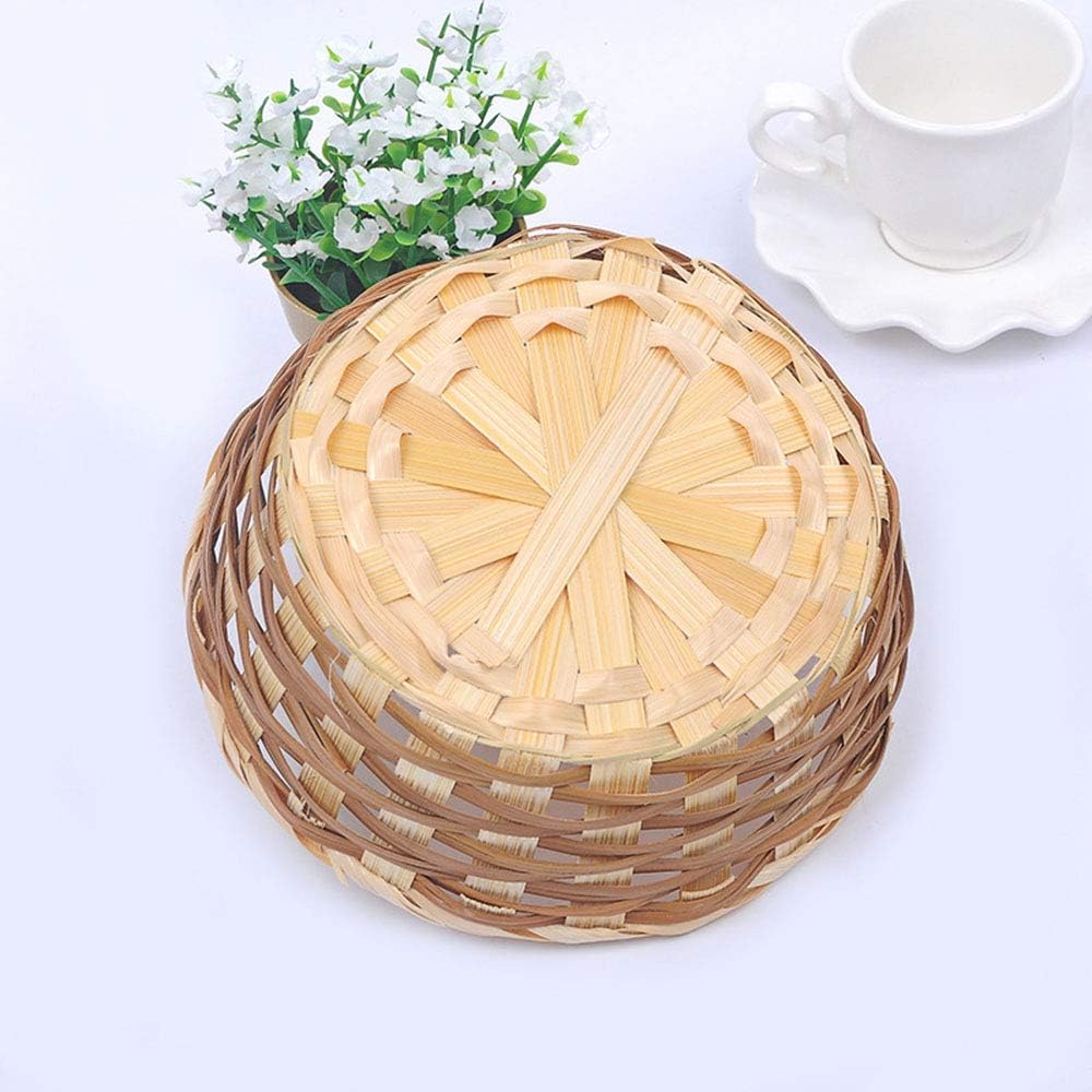 100% Handmade 6.7" Bread Serving Basket Coffee Natural Yellow Weaving Delicate Woven Bamboo Fruit Tray for Food Snack with Round Deep 2.5" Height Home Wicker Decor