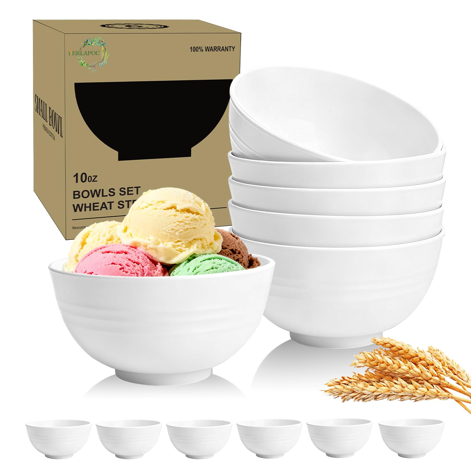 Wheat Straw Small Bowls 10 OZ, Unbreakable Dessert Bowls Set of 6, Microwave &amp; Dishwasher Safe Bowl for Kitchen, Mini Reusable Plastic Bowl for Indoor Outdoor, White