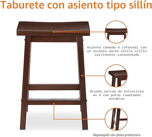 Vista 6 de Yaxa Basics Taburete de bar con asiento de silla de montar de madera maciza para mostrador de cocina con reposapiés, fácil montaje - altura de 24