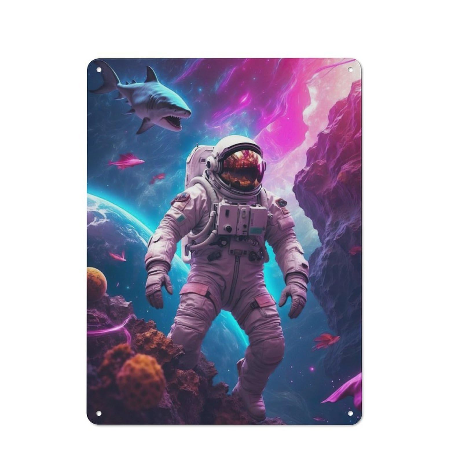 Junmoney Astronaut In Space Shark Vintage Metal Sign 40X30cm For Guest Room Or Hallway, Suited To Guest Room Decorators