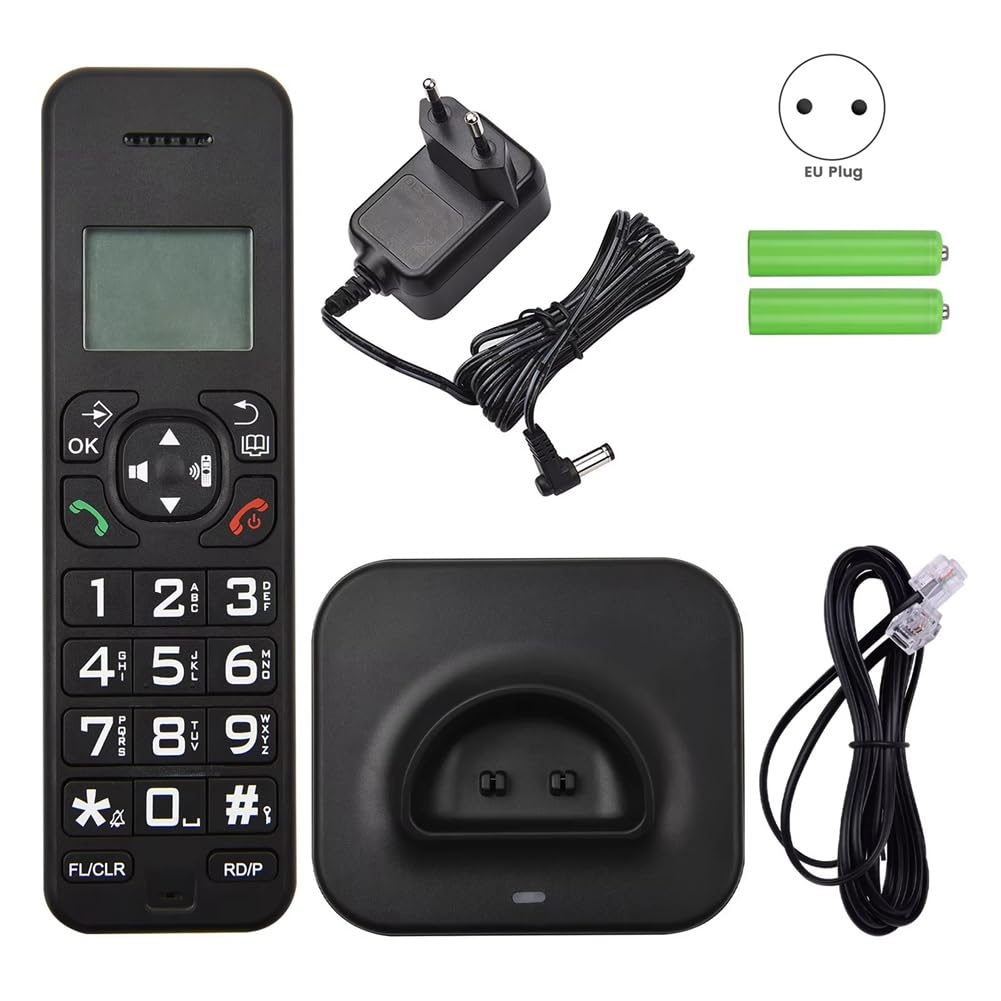 D1102B Telefono Cordless con Segreteria Telefonica ID Chiamante/Chiamata in Attesa Schermo LCD Retroilluminato da 1,6 Pollici A 3 Righe Nero Spina UE