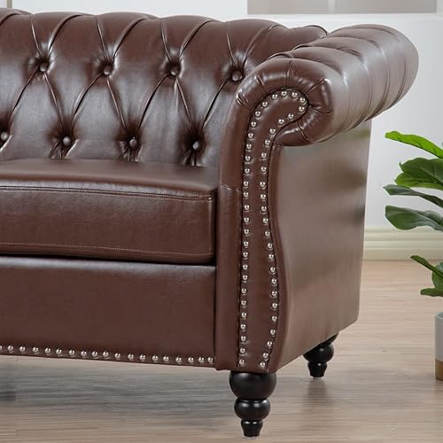 Miniatura 8 de Sofá Chesterfield de 84 pulgadas, piel sintética, moderno sofá de 3 plazas con brazo enrollado y respaldo copetudo, sofás tapizados con cabeza de