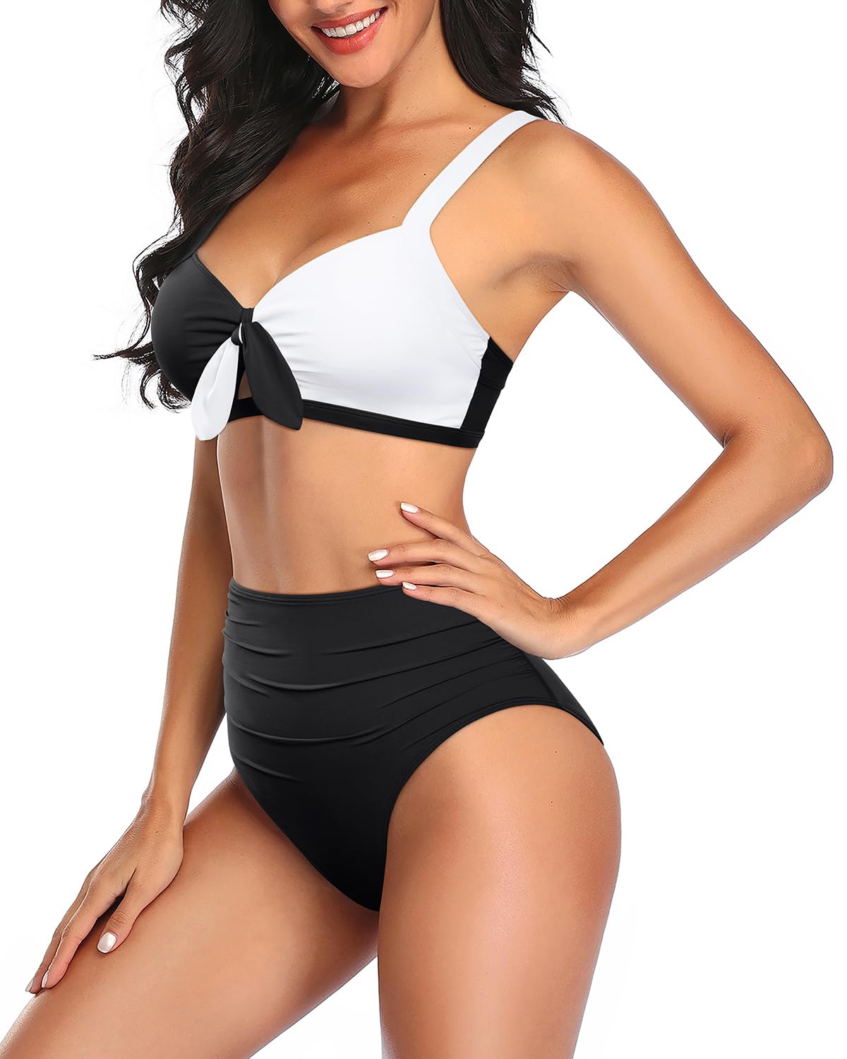Tempt Me Women White and Black Colorblock Two Piece Swimsuits High Waisted Bikini Set Tummy Control Ruched Tie Knot Bathing Suits L