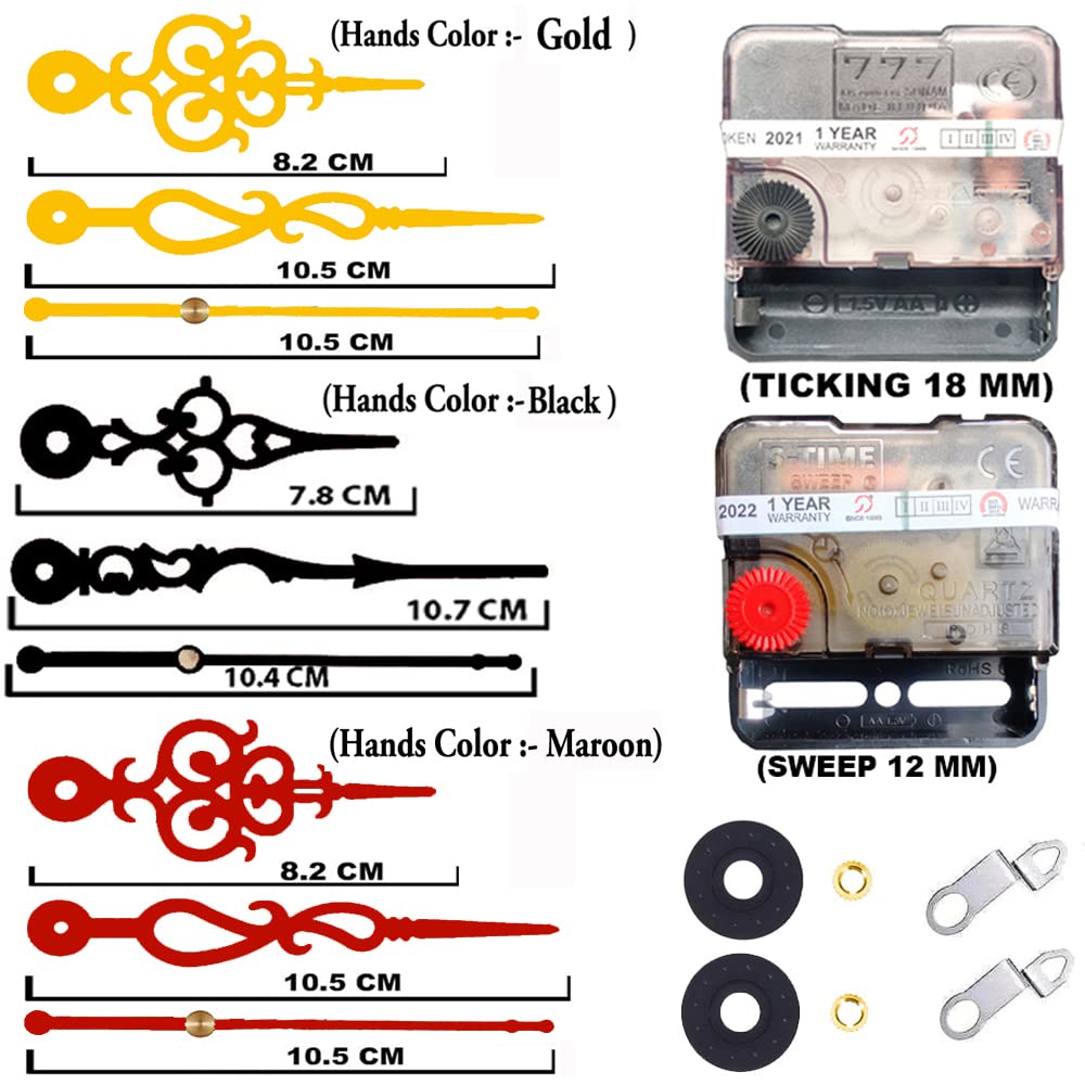 YONOTA® A Product of SONAM Quartz Combo of Sweep & Ticking Silent Movement Machine for Analog Wall Clock Hand (2 Sets DIY) (Needle -Maroon, Black, Gold) , Plastic