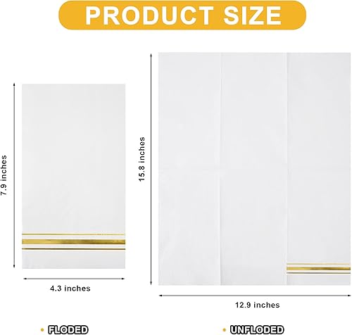 Miniatura 2 de 200 servilletas de papel forradas con borde dorado, elegantes servilletas de cena de 3 capas de papel blanco y dorado, toallas de mano desechables
