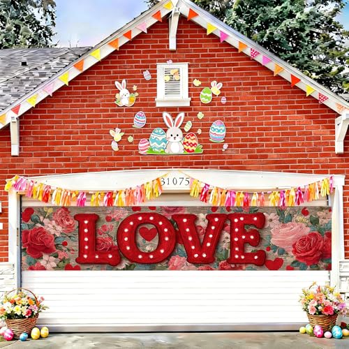 Image of Valentine Banner 78.74 x 17.72 Inch Red LOVE Lettering with Floral Background Romantic Roses and Heart Elements Ideal for Porch Sign Hanging Decoration for Valentine Party Decor