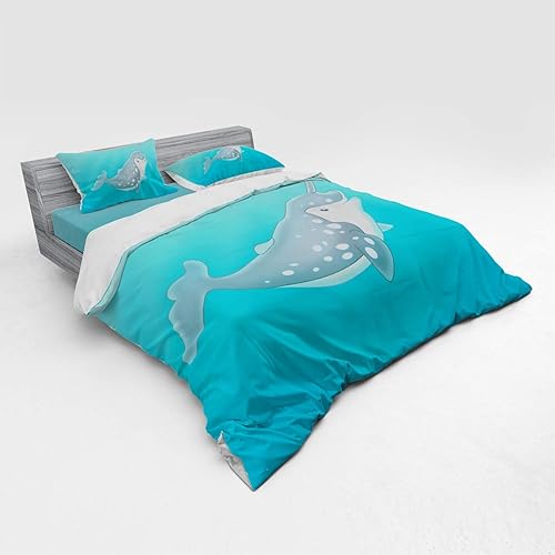 Miniatura 2 de Ambesonne Narwhal Bedding Set, Cartoon Style Drawing of an Arctic Narwhal Whale with White Spots Aquatic, 4 Piece Duvet Cover Set with Shams and
