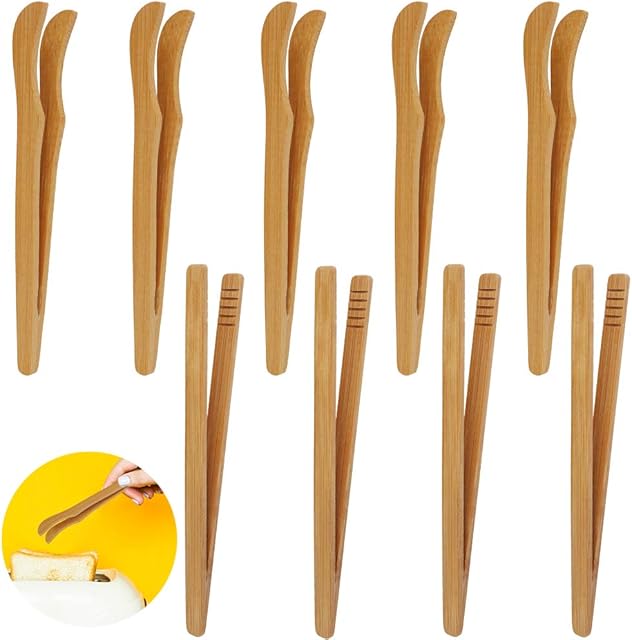 Huahao Bamboo Tongs 12 Pieces Wooden Cooking Tongs for Toast, Salad, Barbecue, Baking Toaster Tongs Bamboo Food Tongs for Kitchen Tea Tongs and Restaurant (2 Styles)