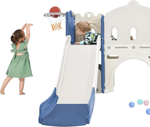 Miniatura 4 de Tobogán 7 en 1 para niños pequeños, tobogán grande con pasillo largo, escalador, aro de baloncesto, túnel y espacio de almacenamiento, juego de