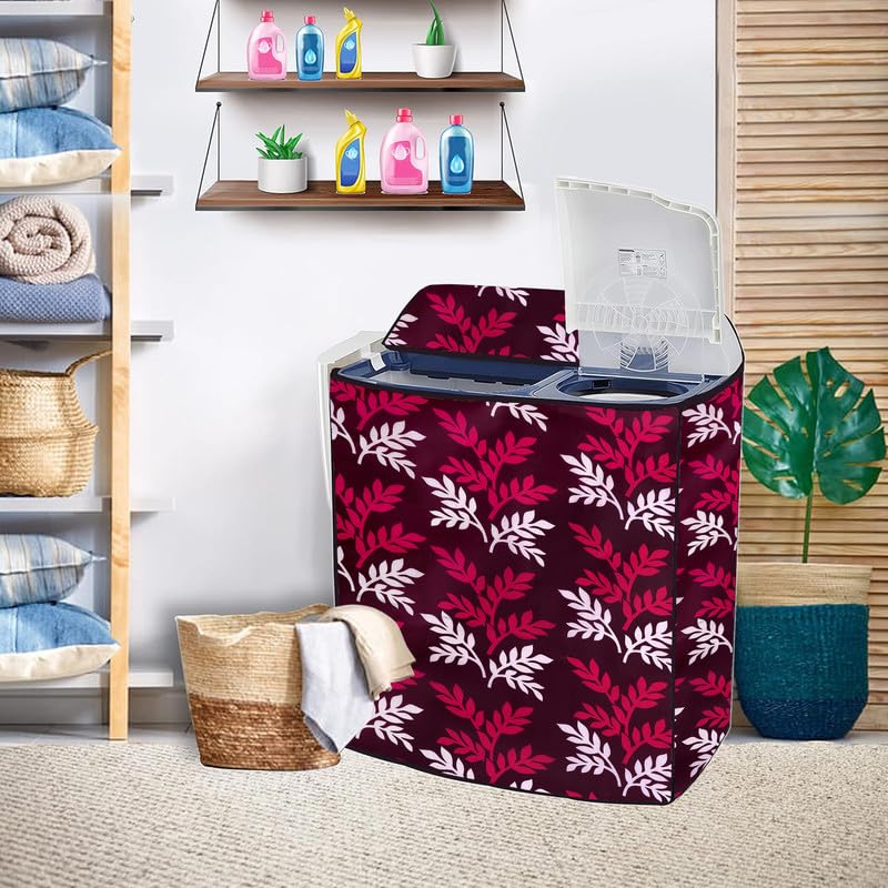 Image of PVC Printed Semi Automatic Washing Machine Cover Compatible For Samsung, Lg, Whirlpool 6Kg, 6.2Kg, 6.5Kg, 7Kg, 7.2Kg, 7.5Kg, 8kg, 8.5kg | Waterproof & Dustproof Cover, Wine leaf.