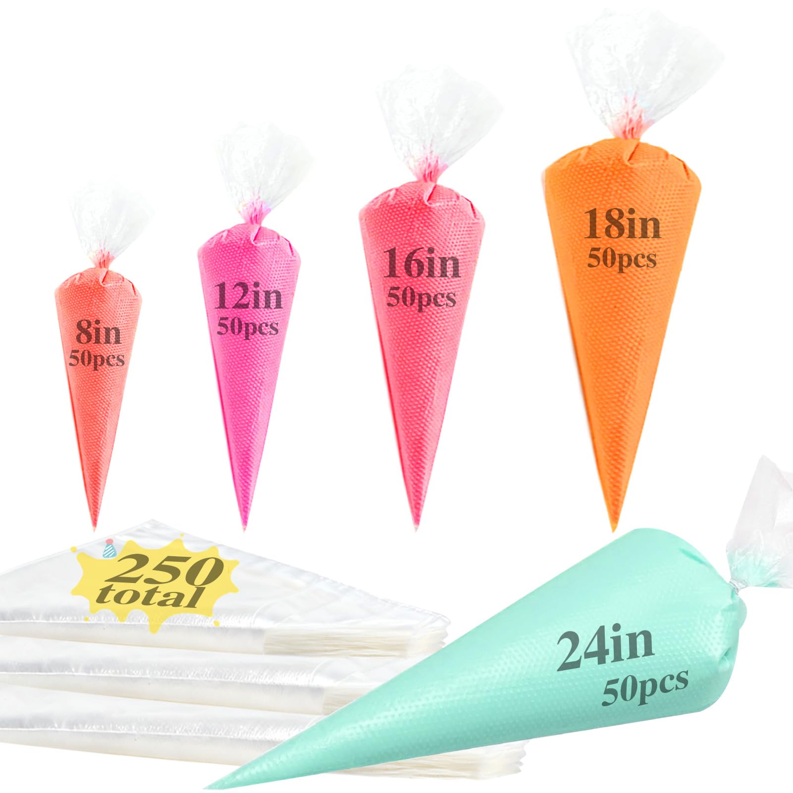 Spritzbeutel, Spritzbeutel, Zuckergussbeutel, 250 Stück, 5 Größen Sortiment (20,3 cm, 30,5 cm, 40,6 cm, 45,7 cm, 61 cm), Einweg-Spritzbeutel für Kuchendekoration, Backen und Kochen
