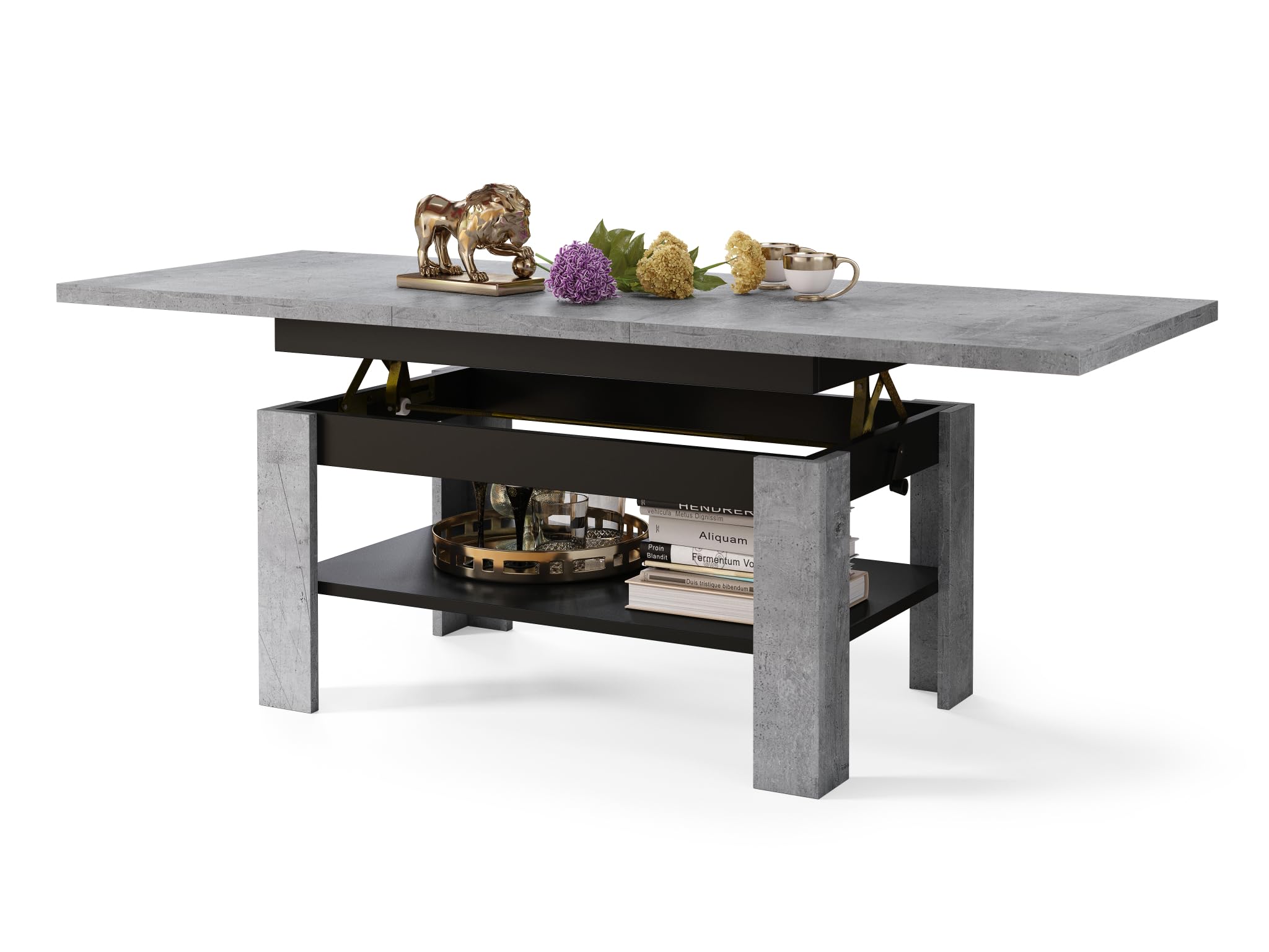 All4All Couchtisch Rino - Kaffeetisch - Wohnzimmertisch mit Ablage - Sofatisch - ausziehbar bis 170cm - höhenverstellbar - 130x65cm - 05 - Beton + Schwarz