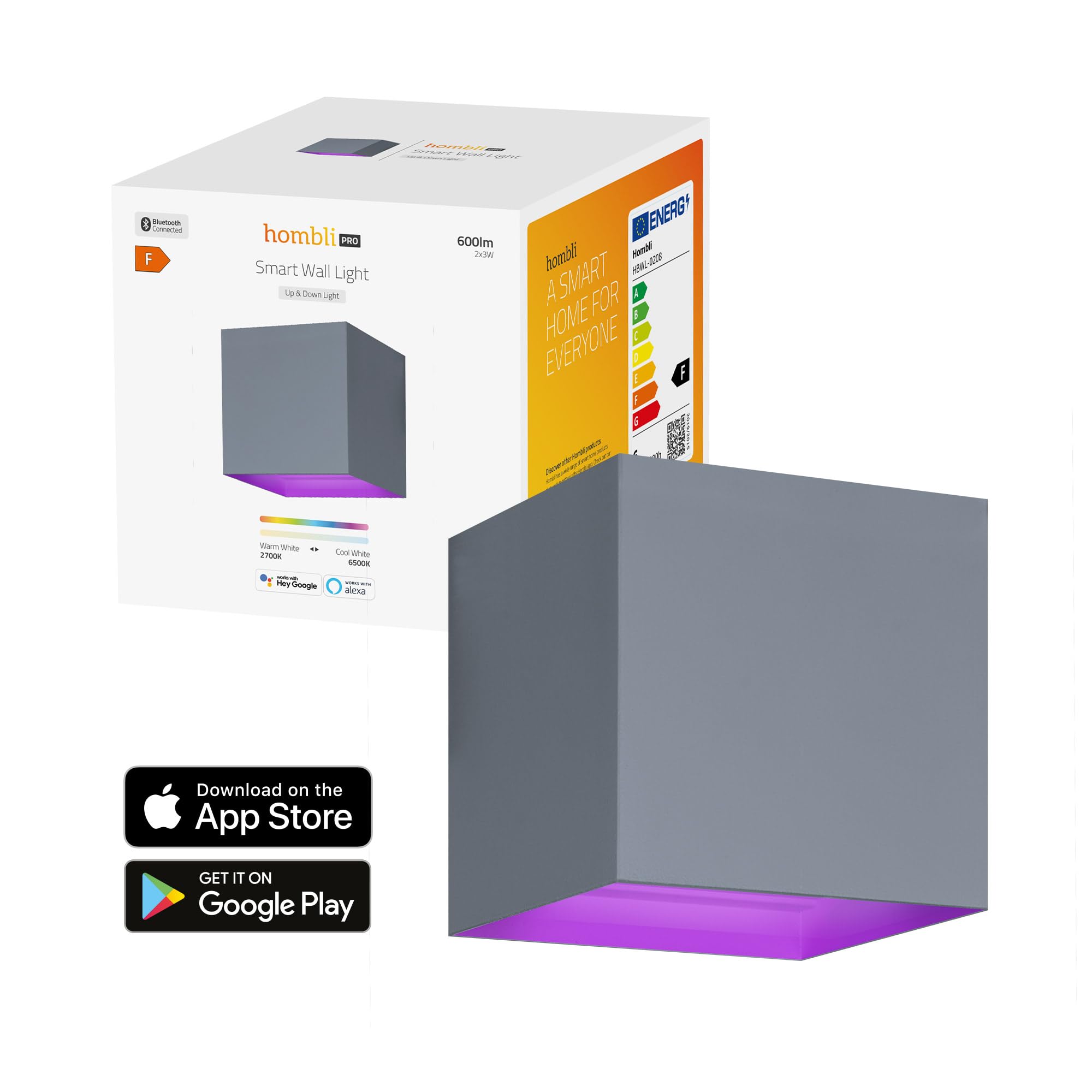 Hombli Smart LED Wandleuchte für innen und außen - dimmbarer Lichtwürfel modern, Abstrahlwinkel einstellbar, WiFi-, Bluetoothfähig, RGB, CCT - Grau | App-Steuerung, innen und außen, dimmbarer Lichtwürfel modern, Bluetoothfähig, niederländische Marke für d