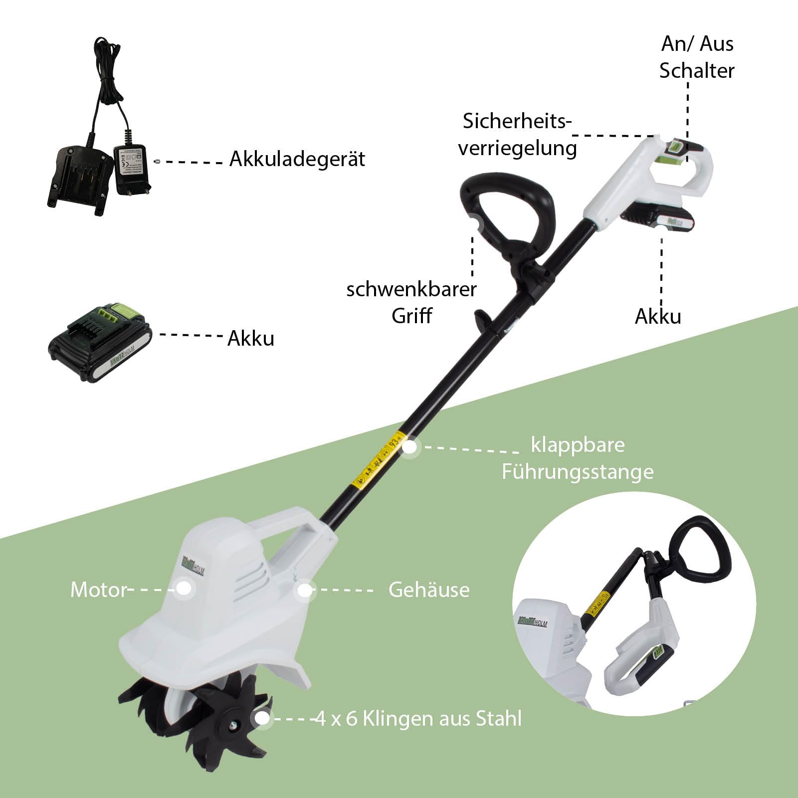 TRUTZHOLM Akku Bodenhacke 20V/2.0Ah mit Akku und Ladegerät 19 cm Arbeitsbreite 24 Klingen 15,5 cm Arbeitstiefe Motorhacke Bodenfräse Gartenfräse Kultivator für Beet und Garten