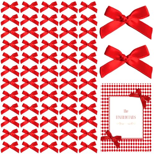 MEORLUSY 60PCS Mini Bows for Craft 1.5*2Small Satin Ribbon Bow Tiny Premade Bows for DIY Gift Wrapping Mini Sewing Bowknots Decoration for Tree Party Cake Baby Shower (Red)