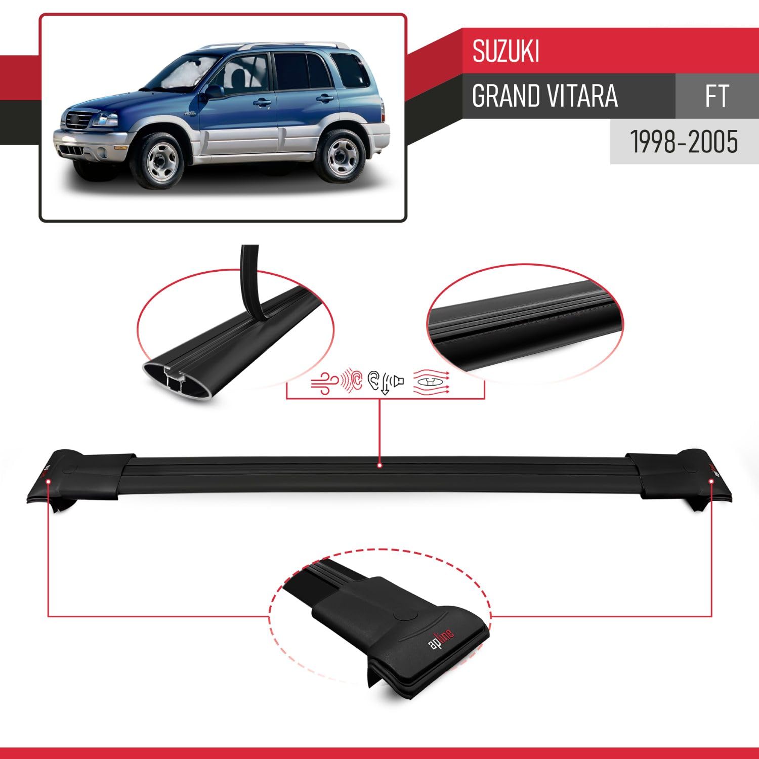 Compatible avec Suzuki Grand Vitara (FT) 1998-2005 Fly Modèle Barres de Toit Railing Porte-Bagages de Voiture Aluminium Noir 3 Barres