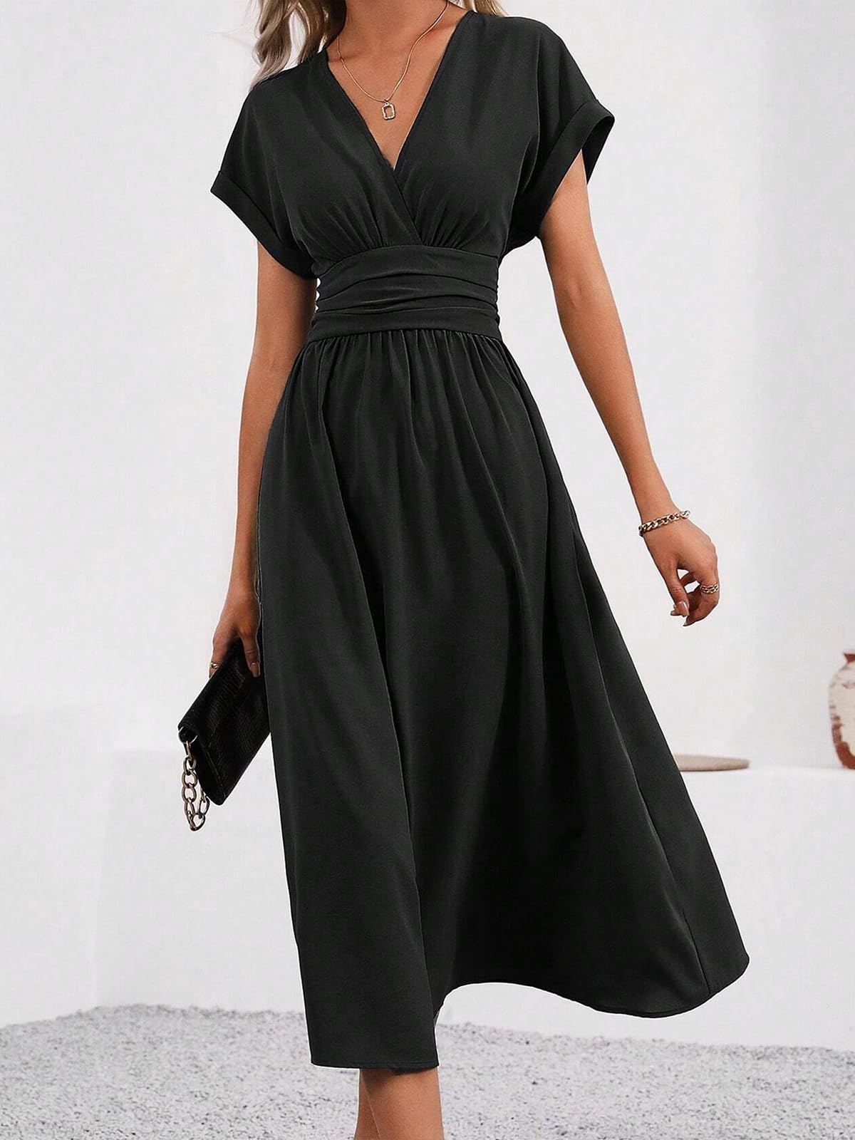 LIAMERHE Robe Hiver/Été Femme Élégante Col en V Manches Longues/Courtes Robes Casual Solide Taille Haute Ligne A Robe Longue Robe de Mariage Décontractée
