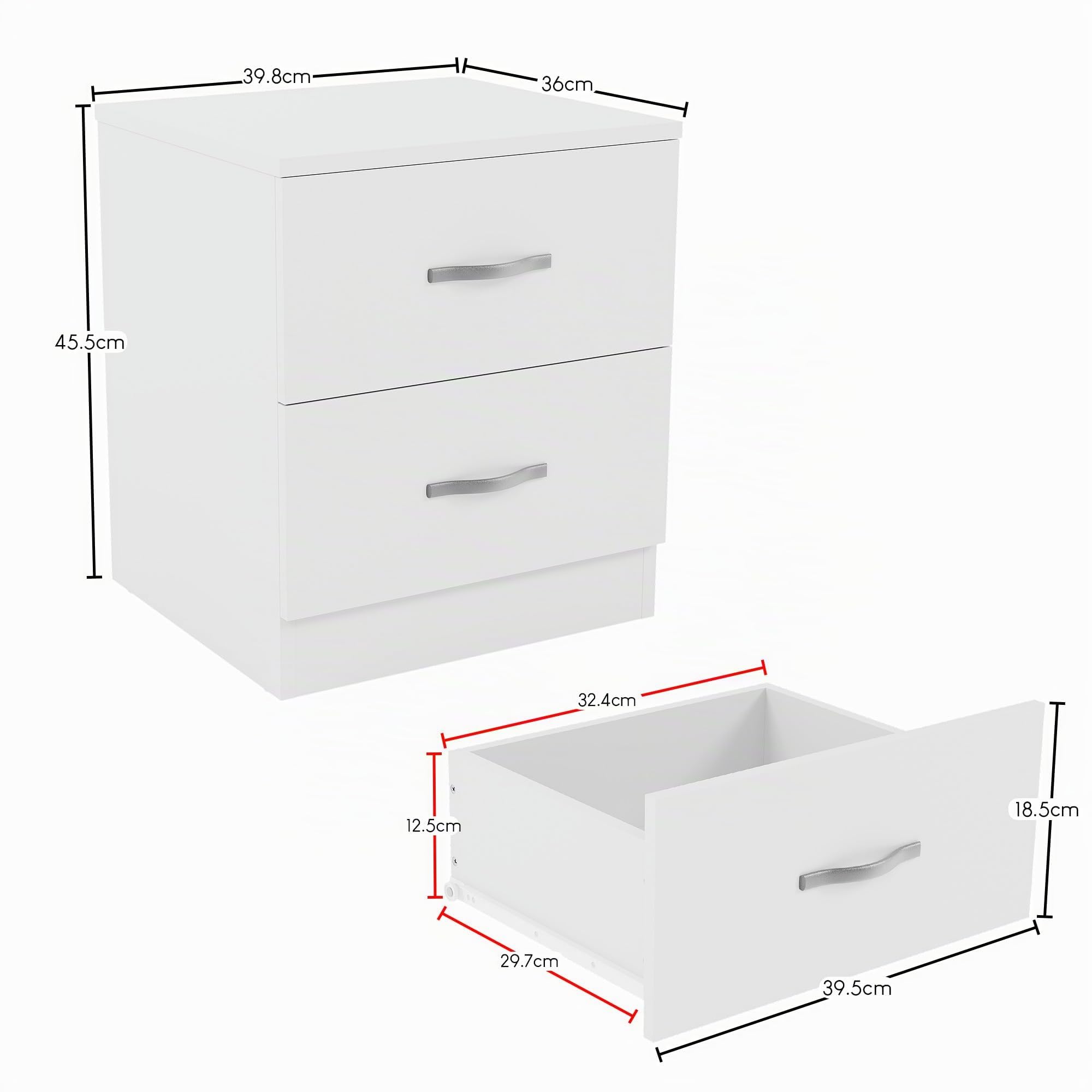 Vida Designs comodino bianco con 2 cassetti, maniglie e guide in metallo, Bianco