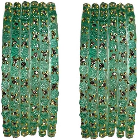 Rose Pattern Raindrop Glass Bangles, 12 Piece Set, Traditional Floral Stone-Studded Bracelets for Women, Multiple Colors, Sizes