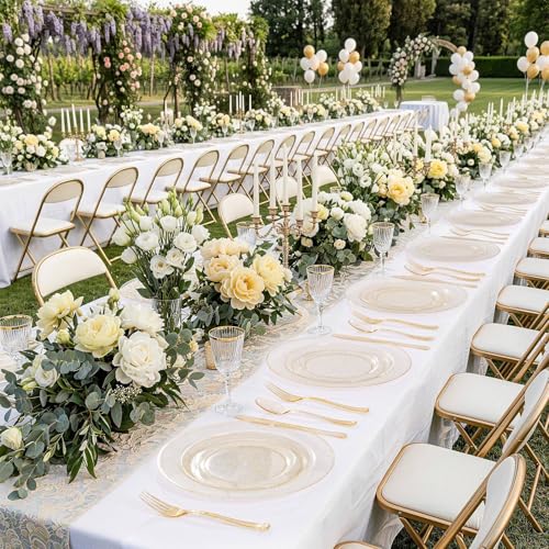 Image of WDF 200PCS Gold Plastic Plates - Gold Glitter Plastic Plates - Heavy Duty Gold Glitter Disposable Plates - Include 100 Dinner Plates 10 inch and 100 Dessert Plate 7 inch for Wedding /Birthday