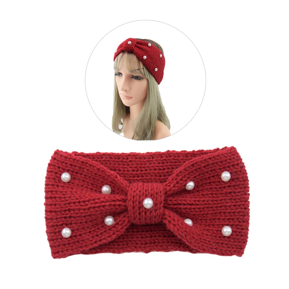 AOKWAWALIY Knitted Woolen Headband Pearl Decor Bowknot Headwraps Warm Headband for Women Maroon