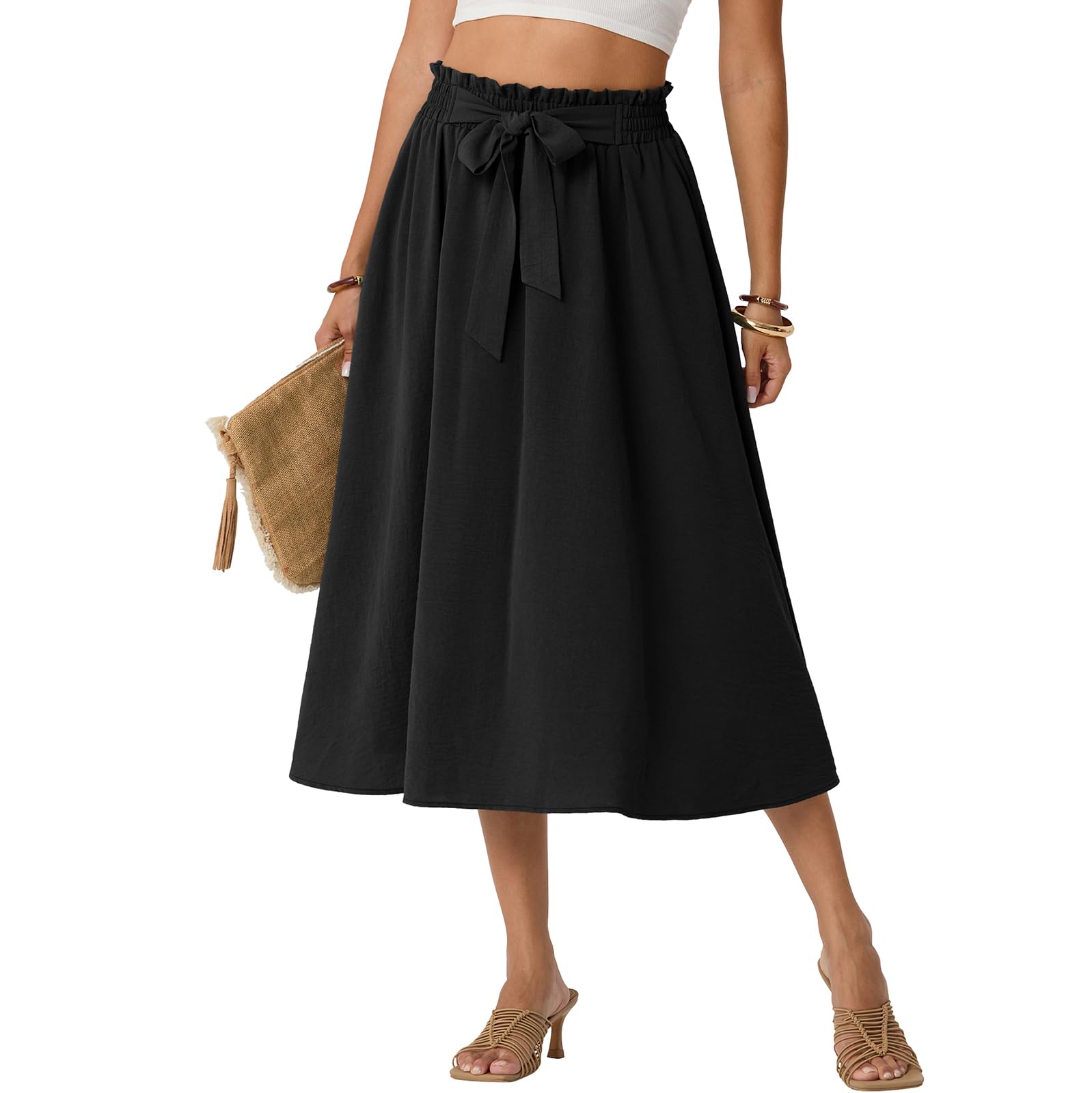 Lepunuo Skirts for Women High Waisted Flowy Summer Midi Knee Length Long Skirt Beach Vacation with Pockets
