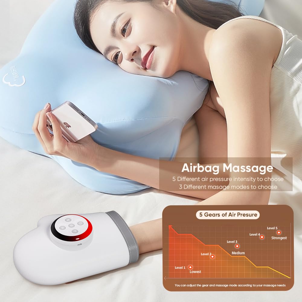 Masseur Électrique pour les Mains, Masseur de main intelligent avec soulagement de la compression de la chaleur, 3 Modes Et 5 Niveaux D'intensité, pour l’arthrite et le soulagement du canal carpien