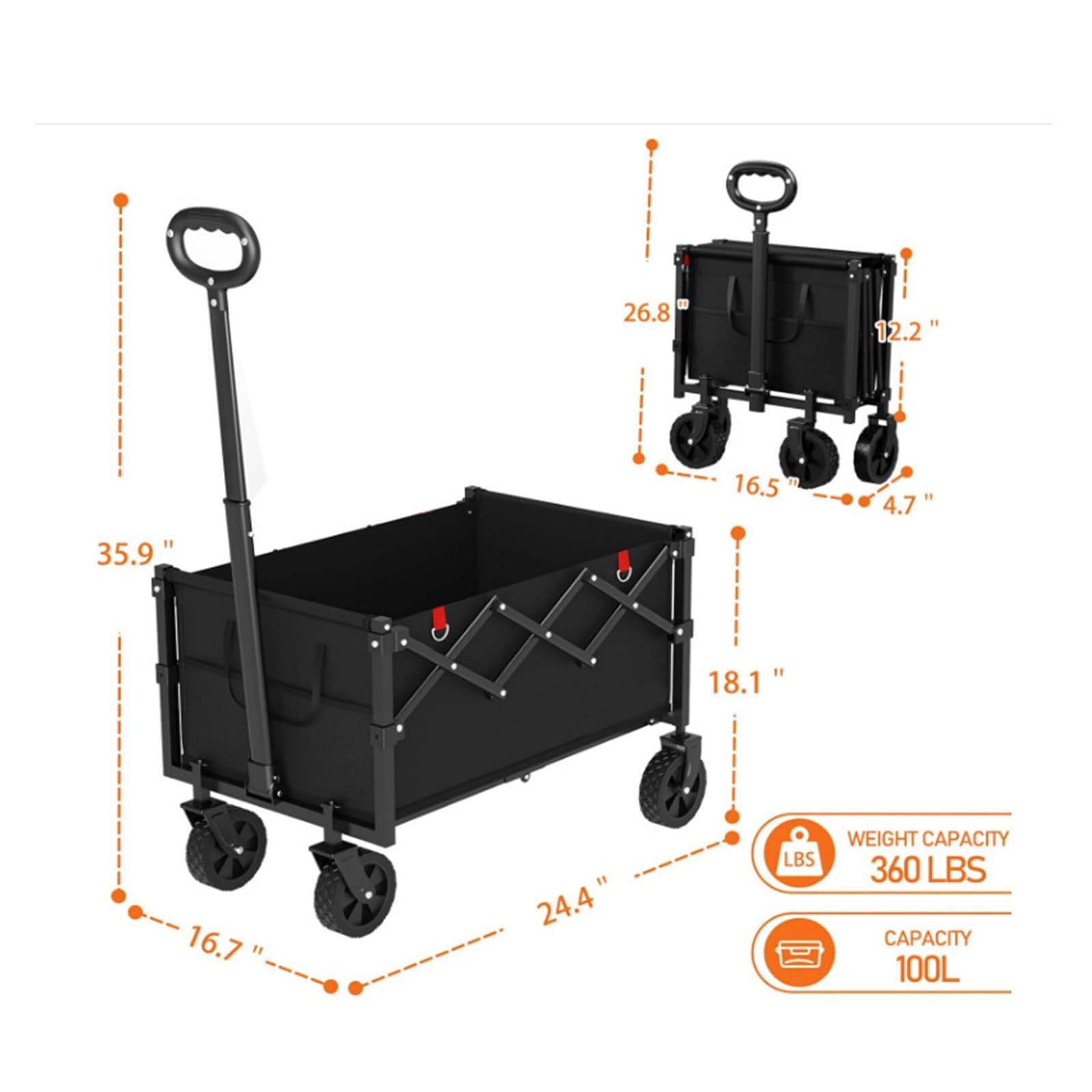 Carro de Camping, Carro Plegable Tipo Wagon, Negro, Jardín Y Playa